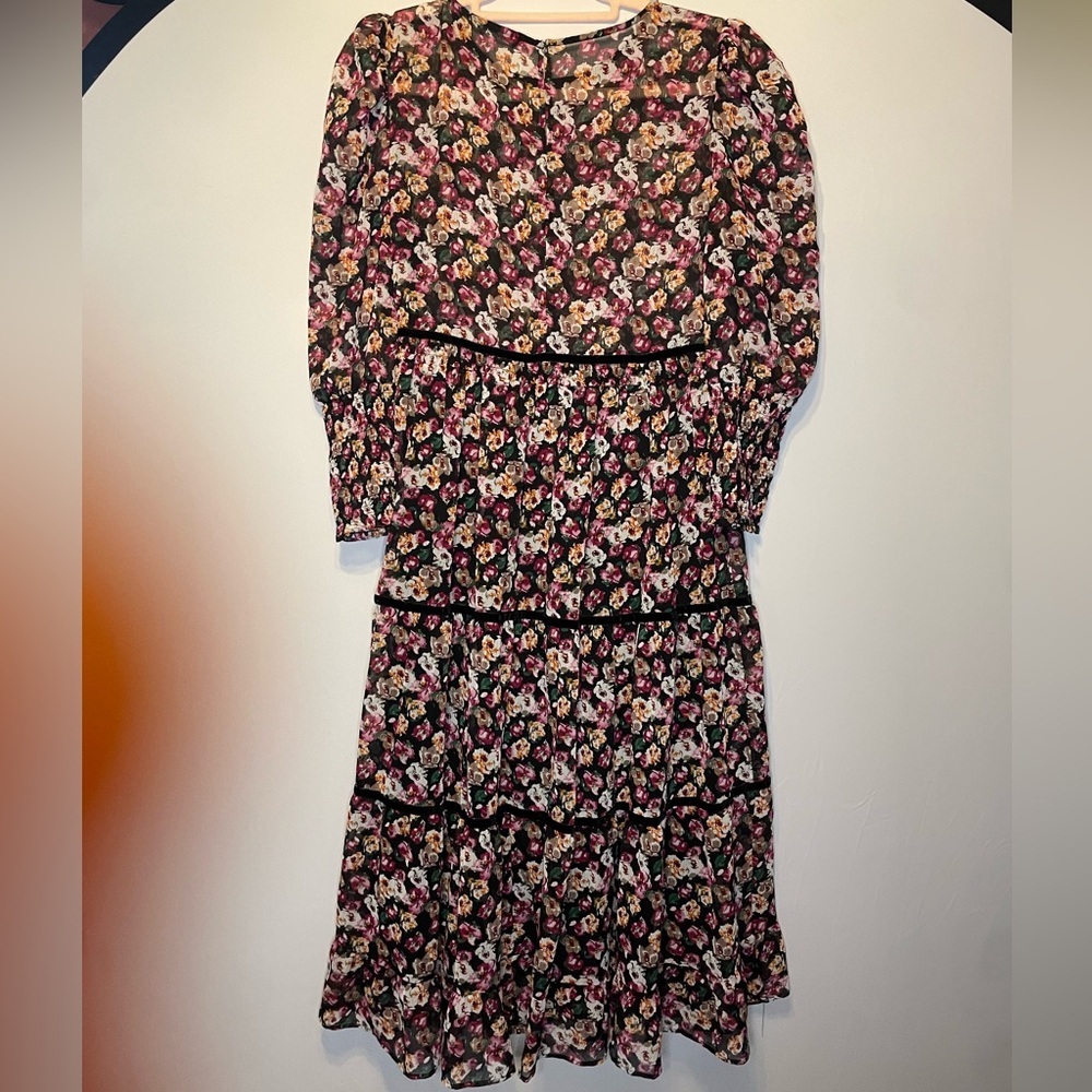 Zara Black and Pink Floral tunic Midi Dress with velvet trim Size M $100+ - Picture 2 of 8